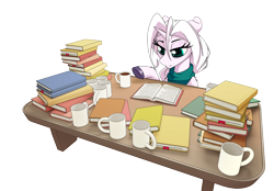 Size: 6460x4495 | Tagged: safe, artist:dacaoo, derpibooru import, oc, oc only, pony, unicorn, absurd resolution, book, clothes, coffee mug, colored pupils, horn, lying down, mug, prone, scarf, simple background, solo, text, tired, transparent background, unicorn oc