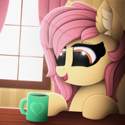 Size: 3000x3000 | Tagged: safe, artist:alexbefest, derpibooru import, oc, oc only, earth pony, pegasus, pony, commission, crepuscular rays, ear fluff, ears, female, high res, indoors, looking at something, mare, mug, not fluttershy, open mouth, open smile, signature, smiling, solo, window, ych result