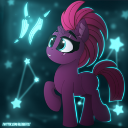 Size: 3000x3000 | Tagged: safe, artist:alexbefest, derpibooru import, fizzlepop berrytwist, tempest shadow, pony, unicorn, g4, blank flank, blank flank tempest, broken horn, cute, ear fluff, ears, eye scar, eyebrows, facial scar, female, filly, filly tempest shadow, foal, high res, horn, looking at something, raised hoof, raised leg, scar, scar on the wrong side, signature, solo, stars, tempestbetes, younger
