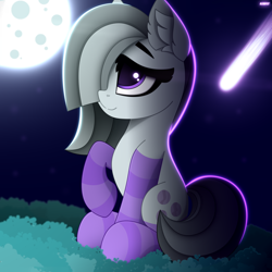 Size: 3000x3000 | Tagged: safe, artist:alexbefest, derpibooru import, marble pie, earth pony, pony, g4, clothes, cute, ear fluff, ears, eyebrows, female, full moon, grass, hair over one eye, high res, marblebetes, mare, moon, night, night sky, raised hoof, raised leg, signature, sitting, sky, smiling, socks, solo, striped socks, tail, tail wrap