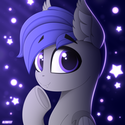 Size: 3000x3000 | Tagged: safe, artist:alexbefest, derpibooru import, oc, oc only, bat pony, pony, bat pony oc, bat wings, bust, ear fluff, ears, eyebrows, eyebrows visible through hair, fangs, high res, looking at you, purple eyes, raised hoof, raised leg, signature, smiling, smiling at you, solo, stars, underhoof, wings