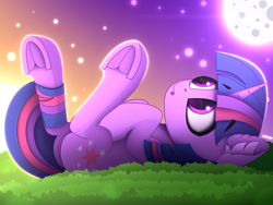Size: 4000x3000 | Tagged: safe, artist:alexbefest, derpibooru import, twilight sparkle, unicorn twilight, pony, unicorn, g4, day, ear fluff, ears, eyebrows, eyebrows visible through hair, female, frog (hoof), full moon, grass, high res, hooves to the chest, horn, looking up, lying down, mare, moon, namesake, neon, night, on back, open mouth, pun, signature, sky, solo, twilight (astronomy), twilight at twilight, underhoof, visual pun