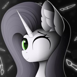 Size: 3000x3000 | Tagged: safe, artist:alexbefest, derpibooru import, oc, oc only, oc:reinina hazard, pony, unicorn, abstract background, bust, ear fluff, ears, eyebrows, female, green eyes, high res, horn, looking at you, mare, one eye closed, portrait, signature, smiling, smiling at you, solo, unicorn oc, wink, winking at you