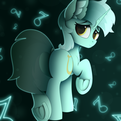 Size: 3000x3000 | Tagged: safe, alternate version, artist:alexbefest, derpibooru import, lyra heartstrings, pony, unicorn, g4, abstract background, bipedal, blue, butt, cute, dock, ear fluff, ears, eyebrows, featureless crotch, female, frog (hoof), high res, hoofbutt, horn, looking at you, looking back, looking back at you, lyrabetes, lyrebutt, mare, neon, plot, raised hoof, raised leg, rear view, signature, smiling, smiling at you, solo, tail, underhoof