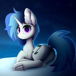 Size: 3000x3000 | Tagged: safe, alternate version, artist:alexbefest, derpibooru import, dj pon-3, vinyl scratch, pony, unicorn, g4, butt, cheek fluff, chest fluff, cute, dock, ear fluff, ears, eyebrows, featureless crotch, female, fluffy, frog (hoof), high res, hoofbutt, hooves, horn, leg fluff, looking at you, looking back, looking back at you, lying down, mare, on side, plot, rear view, signature, smiling, smiling at you, solo, tail, underhoof, vinyl ass, vinylbetes