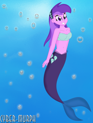 Size: 1644x2188 | Tagged: safe, artist:cyber-murph, derpibooru import, amethyst star, sparkler, mermaid, better together, equestria girls, background human, belly button, breasts, bubble, female, fish tail, flowing hair, hairband, mermaidized, midriff, ocean, scales, signature, solo, species swap, swimming, tail, tube top, underwater, water