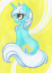 Size: 4636x6529 | Tagged: safe, artist:emberslament, derpibooru import, lyra heartstrings, pony, unicorn, absurd file size, absurd resolution, colored pencil drawing, sitting, smiling, solo, traditional art