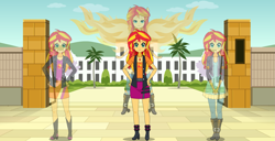 Size: 2935x1500 | Tagged: safe, artist:neoduelgx, derpibooru import, sunset shimmer, human, equestria girls, belt, boots, clothes, denim, high heel boots, humanized, jacket, jeans, kisekae, pants, shirt, shoes, simple background, skirt, solo, transparent background