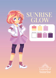 Size: 2450x3389 | Tagged: safe, derpibooru import, oc, oc only, oc:sunrise glow, human, series:legendofsunrise, equestria girls, clothes, gradient background, hoodie, leggings, offspring, parent:sunset shimmer, reference sheet, solo