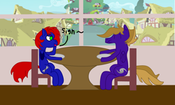 Size: 4101x2461 | Tagged: safe, artist:hurricanehunter03, derpibooru exclusive, derpibooru import, oc, oc:shrapnel, oc:wing front, pegasus, brown mane, chair, cute, eating, floor, green eyes, houses, hurricane, in love, library, married, married couple, oc x oc, pegasus oc, ponyville, purple fur, red mane, restaurant, romantic, shipping, table, twilight's castle, twilight's castle library, wall, window, wrench