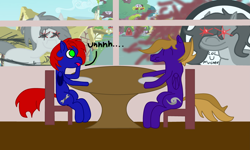 Size: 4101x2461 | Tagged: safe, alternate version, artist:hurricanehunter03, derpibooru exclusive, derpibooru import, oc, oc:ion sparkplug, oc:praenuntia mortis, oc:shrapnel, oc:wing front, pegasus, blue fur, brown mane, chair, eating, father and child, father and daughter, female, floor, gray mane, green eyes, grey fur, houses, hurricane, library, male, married, oblivious, oc x oc, parent and child, pegasus oc, ponyville, praenuntia mortis doing mortis things, purple fur, red glowing eyes, red mane, restaurant, shipping, this will end in death, this will end in pain, this will end in shrapnel killing ion, this will end in tears, this will end in tears and/or death, wall, white fur, wingless, wrench