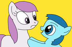 Size: 1024x667 | Tagged: safe, artist:katieemerson68, derpibooru import, earth pony, pony, g4, brother, colt, comfy star, dora the explorer, duo, female, foal, male, mare, ponified, siblings, simple background, sister, smiling, species swap, star pony, stars, talking, woo-hoo star, yellow background