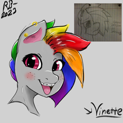 Size: 1800x1800 | Tagged: safe, artist:neava, derpibooru import, oc, oc:vinette softcore, earth pony, blushing, braces, crying, ear piercing, female, freckles, looking at you, multicolored hair, piercing, rainbow hair, redraw, smiling, teeth