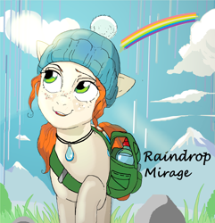 Size: 4808x4984 | Tagged: safe, artist:ponyhiall, derpibooru import, oc, oc:raindrop mirage, earth pony, backpack, beanie, cloud, grass, green eyes, hat, jewelry, mountain, mountain range, pendant, rain, rainbow, red hair, rock, sky, smiling, snow, solo, sun, sunshine, tree, water bottle