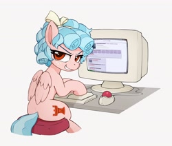 Size: 3838x3252 | Tagged: safe, artist:quotepony, derpibooru import, cozy glow, pegasus, pony, 4chan, computer, crt, escii keyboard, freckles, looking back, pure concentrated unfiltered evil of the utmost potency, pure unfiltered evil, simple background, sitting, smiling, smirk, solo, trackball, white background