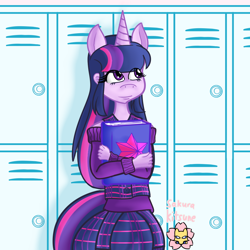 Size: 1000x1000 | Tagged: safe, artist:sakurakitune, derpibooru import, twilight sparkle, unicorn twilight, anthro, unicorn, book, clothes, female, lockers, skirt, solo, sweater