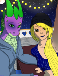 Size: 3000x3900 | Tagged: safe, artist:lullabyjak, derpibooru import, spike, oc, oc:rachel, anthro, dragon, human, bandaid, bar, black eye, canon x oc, clothes, fairy lights, outdoors, selfie, smiling, smirk