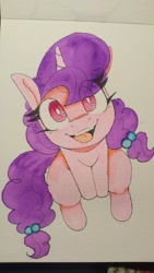 Size: 1152x2048 | Tagged: safe, artist:lockheart, derpibooru import, sugar belle, pony, unicorn, cute, eye clipping through hair, female, looking at you, looking up, looking up at you, mare, marker drawing, open mouth, open smile, smiling, smiling at you, solo, traditional art