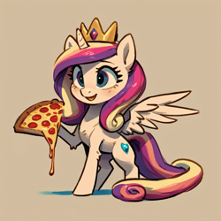 Size: 1024x1024 | Tagged: safe, ai content, derpibooru import, machine learning generated, princess cadance, alicorn, pony, blushing, chibi, female, food, hoof hold, leg fluff, mare, open mouth, open smile, peetzer, pepperoni pizza, pizza, smiling, solo, spread wings, wings