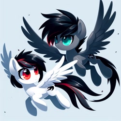 Size: 1024x1024 | Tagged: safe, ai content, derpibooru import, generator:bing image creator, machine learning generated, oc, oc only, oc:ars d, oc:kruv, pegasus, pony, black mane, black tail, duo, female, flying, gray coat, hooves to the chest, looking at someone, looking at something, male, mare, multicolored hair, multicolored tail, pegasus oc, raised hoof, raised leg, red eyes, simple background, spread wings, stallion, tail, turquoise eyes, white background, white coat, wings