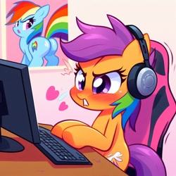 Size: 1024x1024 | Tagged: safe, ai content, derpibooru import, generator:dall-e 3, machine learning generated, rainbow dash, scootaloo, pony, blushing, butt, chair, computer, emanata, female, filly, foal, headphones, headset, heart, keyboard, microphone, plot, poster, prompter:nebbie, sitting, wingless