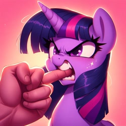 Size: 1024x1024 | Tagged: safe, ai content, derpibooru import, generator:dall-e 3, machine learning generated, twilight sparkle, human, pony, angry, biting, disembodied hand, female, glare, hand, mare, middle finger, offscreen character, solo focus, teeth, vulgar, wat