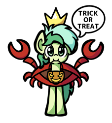 Size: 1047x1155 | Tagged: safe, artist:derp pone, derpibooru import, sandbar, crab, earth pony, pony, clothes, costume, crown, cute, jewelry, looking at you, male, pumpkin bucket, regalia, sandabetes, simple background, solo, speech bubble, transparent background