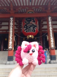 Size: 2250x2999 | Tagged: safe, artist:casquitos kawaii, derpibooru import, pinkie pie, earth pony, pony, amigurumi, crochet, irl, japan, japanese, lantern, photo, plushie, solo, temple