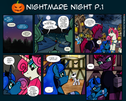 Size: 3508x2834 | Tagged: safe, artist:dsana, derpibooru import, fizzlepop berrytwist, princess amore, princess luna, somnambula, tempest shadow, oc, oc:lullaby dusk, oc:thistledown, earth pony, pegasus, pony, unicorn, clothes, costume, don't mine at night, nightmare night, nightmare night costume