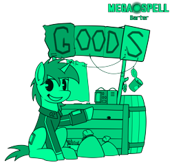 Size: 5100x4900 | Tagged: safe, artist:dacaoo, derpibooru import, oc, oc only, oc:littlepip, pony, unicorn, fallout equestria, absurd resolution, barrel, clothes, gears, jumpsuit, megaspell (game), monochrome, pip-pony, pipbuck, radio, shop, simple background, tin can, transparent background, vault suit, wrench