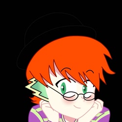 Size: 781x781 | Tagged: safe, derpibooru import, spike, human, beautisexy, black background, cute, glasses, hat, human spike, humanized, orange hair, simple background, solo