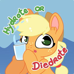 Size: 3319x3319 | Tagged: safe, artist:cutepencilcase, derpibooru import, applejack, earth pony, pony, bust, glass of water, hoof hold, portrait, smiling, solo, tongue, tongue out, water