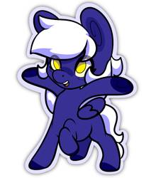 Size: 2551x2899 | Tagged: safe, artist:wifflethecatboi, derpibooru import, oc, oc only, oc:moonie hearts, pegasus, taur, big ears, blue coat, chibi, colored hooves, ears, female, filly, foal, folded wings, golden eyes, happy, long mane, long tail, looking up, missing cutie mark, simple background, solo, sticker, tail, white background, white mane, white tail, wings