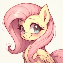 Size: 1024x1024 | Tagged: safe, ai content, derpibooru import, generator:bing image creator, fluttershy, pegasus, pony, blushing, cute, detailed, eyebrows, female, mare, profile, prompter:evergreen, shy, shyabetes, simple background, sitting, smiling, white background, wings