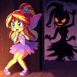 Size: 1024x1024 | Tagged: safe, ai content, derpibooru import, generator:dall-e 3, machine learning generated, sunset shimmer, human, equestria girls, blushing, child, clothes, costume, fairy, leotard, scared, silhouette, solo, younger