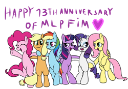 Size: 2000x1400 | Tagged: safe, artist:amateur-draw, derpibooru import, applejack, fluttershy, pinkie pie, rainbow dash, rarity, twilight sparkle, twilight sparkle (alicorn), alicorn, earth pony, pegasus, unicorn, bipedal, bipedal leaning, leaning, mane six, mlp fim's thirteenth anniversary, simple background, white background