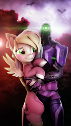 Size: 2160x3840 | Tagged: safe, alternate version, artist:lagmanor, derpibooru import, oc, oc:blazey sketch, pegasus, pony, robot, 3d, clothes, confused, fog, geth, high res, holding a pony, lens flare, looking at someone, looking at you, looking up, mass effect, revamped ponies, small wings, smiling, socks, source filmmaker, striped socks, sunlight, sunset, sweater, tree, wings