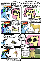 Size: 1036x1549 | Tagged: safe, artist:wormbabecomics, derpibooru import, fluttershy, rainbow dash, horse, pegasus, pony, comic, dialogue, duo, female, flutterdash, hoers, lesbian, shipping, speech bubble, stink lines, stylistic suck, suddenly hoers, toy