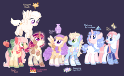 Size: 2849x1753 | Tagged: safe, artist:katsubases, artist:r0manesqu3, derpibooru import, oc, oc only, oc:andromeda's crown, oc:blueberry buttercream, oc:honeygold clouds, oc:peach rose, oc:polished vase, oc:shimmering sonicbloom, oc:star struck, alicorn, earth pony, pegasus, pony, unicorn, alicorn oc, ascot, bald face, base used, blaze (coat marking), blue background, bow, clothes, coat markings, curly hair, curly mane, cutie mark, earth pony oc, ethereal mane, facial markings, female, flying, hair bow, hoof on chest, horn, jewelry, leaves, leaves in hair, magical lesbian spawn, mare, name, necklace, offspring, outline, pale belly, parent:applejack, parent:big macintosh, parent:fancypants, parent:flash sentry, parent:fluttershy, parent:moondancer, parent:pinkie pie, parent:rainbow dash, parent:rarity, parent:twilight sparkle, parents:appledash, parents:fluttermac, parents:pinkiepants, parents:sentrity, parents:twidancer, pegasus oc, simple background, smiling, socks (coat marking), spread wings, star (coat marking), starry mane, sweater, tail, tail bow, unicorn oc, unshorn fetlocks, white outline, wings