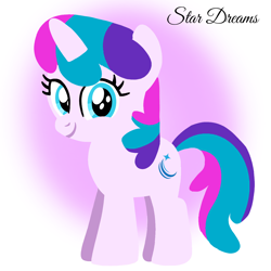Size: 1400x1400 | Tagged: safe, artist:mlplary6, derpibooru import, unicorn, closed mouth, cyan eyes, female, filly, foal, gradient background, looking at you, smiling, smiling at you, solo, standing, star dreams, text, toy interpretation