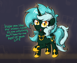 Size: 3136x2553 | Tagged: safe, artist:background basset, derpibooru import, lyra heartstrings, pony, unicorn, abstract background, dialogue, fangs, hoof shoes, jewelry, necklace, nightmare lyra, nightmarified, open mouth, slit eyes, smiling, solo, text