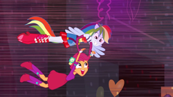 Size: 1000x563 | Tagged: safe, derpibooru import, screencap, rainbow dash, scootaloo, human, equestria girls, equestria girls (movie), g4, duo, duo female, fall formal outfits, female, flying, humanized, ponied up, pony ears, winged humanization, wings