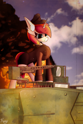 Size: 4000x5940 | Tagged: safe, artist:kainy, derpibooru import, oc, oc only, oc:linaxero, pony, unicorn, gun, leopard 2, looking at you, machine gun, mg3, tank (vehicle), weapon