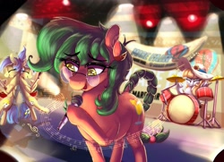 Size: 4096x2969 | Tagged: safe, artist:2fat2fly, oc, oc only, oc:fair flyer, oc:matinee, oc:morning mimosa, oc:soiree, earth pony, pegasus, pony, dock, drums, eyeshadow, female, folded wings, frog (hoof), glasses, guitar, hat, hoof hold, makeup, mare, mare fair, microphone, music notes, musical instrument, playing instrument, singing, stage, sun hat, treble clef, underhoof, wings