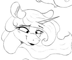 Size: 1341x1130 | Tagged: safe, artist:2fat2fly, princess celestia, alicorn, pony, bust, ear fluff, ears, female, horn, lipstick, mare, monochrome, portrait, smiling, solo