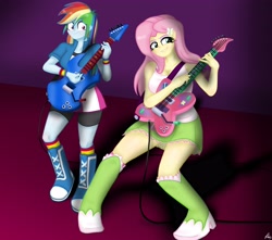Size: 3693x3271 | Tagged: safe, artist:lennondash, derpibooru import, fluttershy, rainbow dash, butterfly, human, equestria girls, boots, breasts, cleavage, clothes, compression shorts, duo, duo female, electric guitar, eyeshadow, female, grin, guitar, guitar pick, hairclip, hootershy, jacket, lidded eyes, looking at someone, makeup, musical instrument, shadow, shirt, shoes, simple background, skirt, sleeveless, smiling, surprised, tanktop, teenager, wide eyes, wristband
