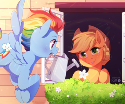 Size: 2048x1700 | Tagged: safe, artist:applesartt, derpibooru import, applejack, rainbow dash, earth pony, pegasus, pony, g4, the last problem, alternate hairstyle, appledash, applejack's hat, blushing, bush, clothes, colored eyebrows, colored eyelashes, cowboy hat, crepuscular rays, duo, duo female, ear fluff, ears, eye contact, eye wrinkles, eyebrows, female, flower, flying, freckles, grin, hair bun, hat, house, lesbian, looking at each other, looking at someone, mare, mouth hold, older, older appledash, older applejack, older rainbow dash, open mouth, outdoors, shipping, signature, smiling, spread wings, sunlight, sunshine, underhoof, water, watering, watering can, watermark, window, wings