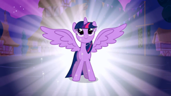 Size: 1280x720 | Tagged: safe, derpibooru import, edit, edited screencap, editor:incredibubbleirishguy, screencap, twilight sparkle, twilight sparkle (alicorn), alicorn, magical mystery cure, beautiful, eyes open, large wings, ponyville, solo, spread wings, wings