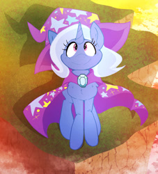 Size: 851x939 | Tagged: safe, artist:malachimoet, derpibooru import, trixie, pony, unicorn, cape, cliff, clothes, cute, diatrixes, female, hat, looking up, mare, solo, sunset, trixie's brooch, trixie's cape, trixie's hat