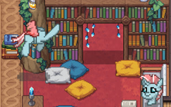 Size: 1326x833 | Tagged: safe, derpibooru import, edit, editor:adamleisemann, ocellus, changedling, changeling, dullahan, pony, book, bookshelf, cute, disembodied head, female, grimcute, headless, library, modular, pillow, pixel art, pony town, sofa, solo, spooky